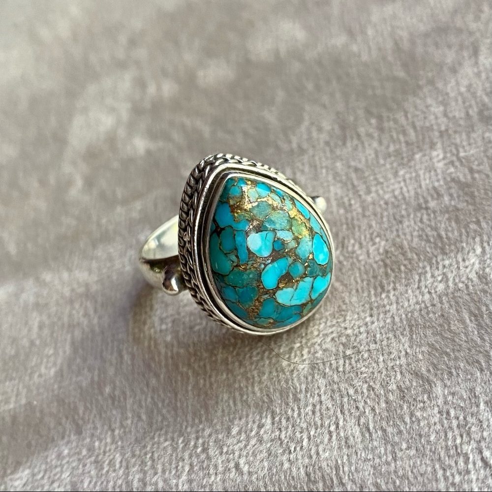 Blue Turquoise Copper Sterling Silver Ring Size 7